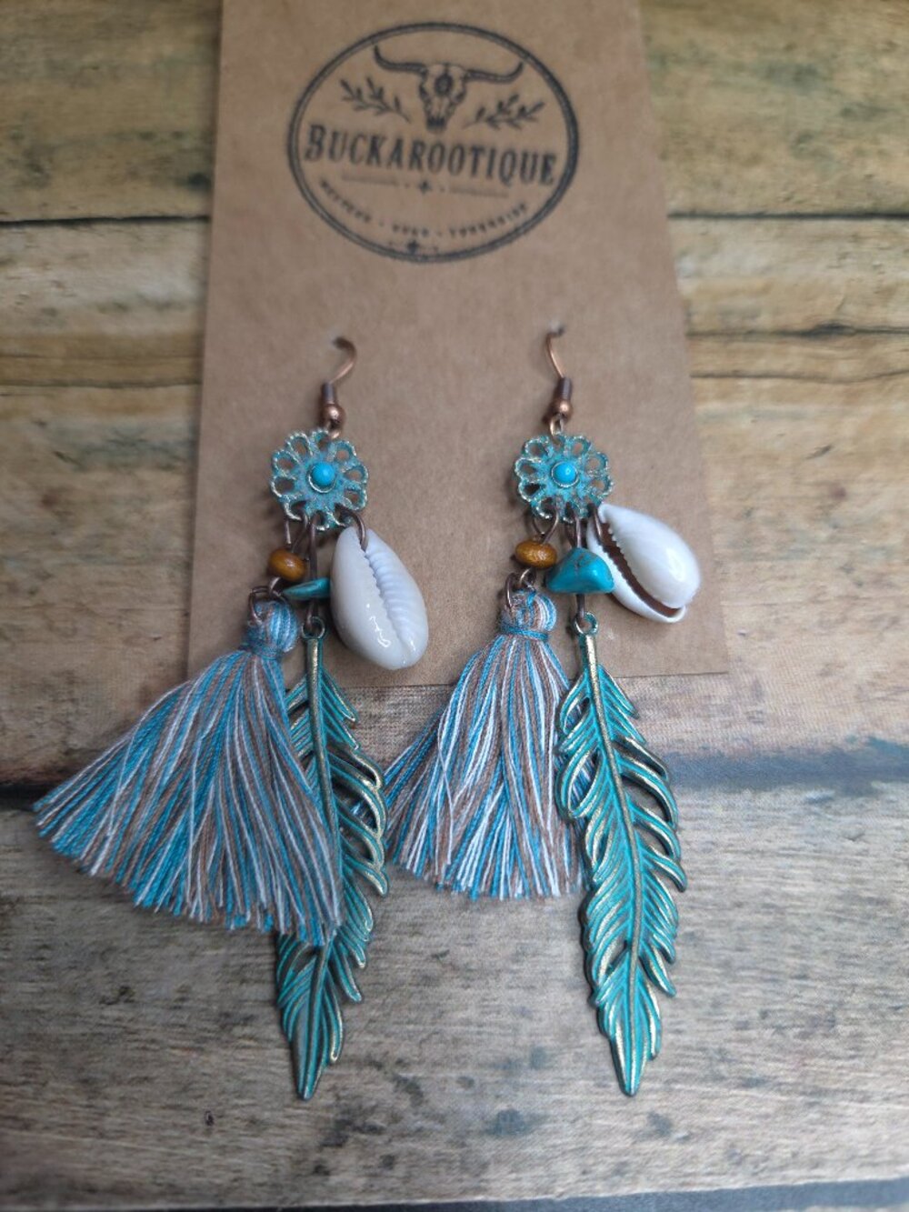 Western Boho Tassel Feather Shell Earrings Turquoise Cowgirl Rodeo Style